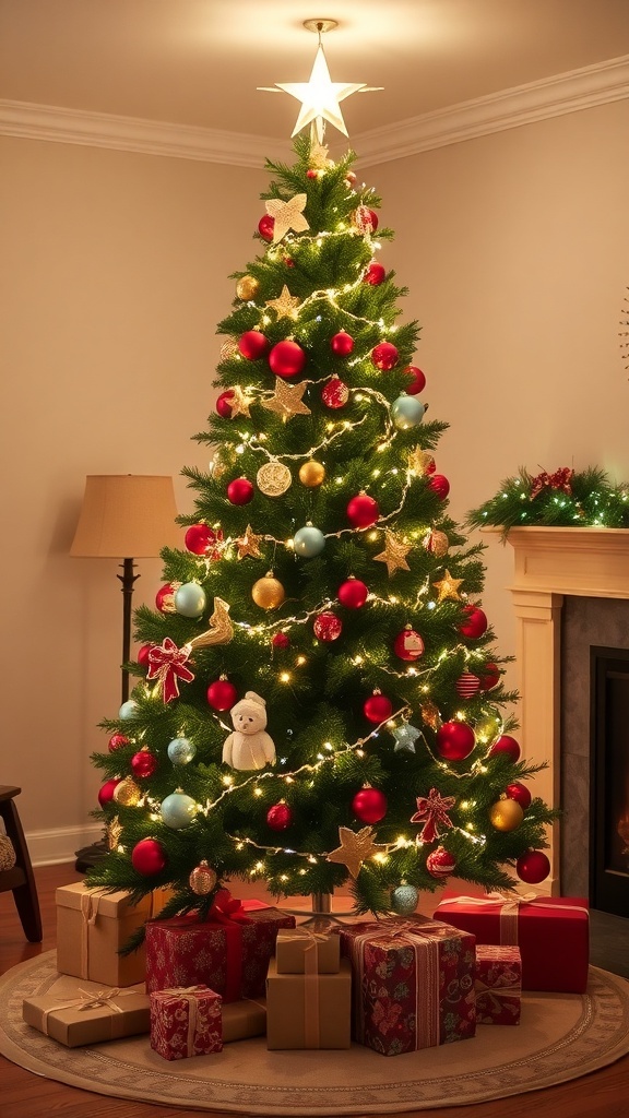 A 6-foot Christmas tree decorated with lights and ornaments in a cozy living room.